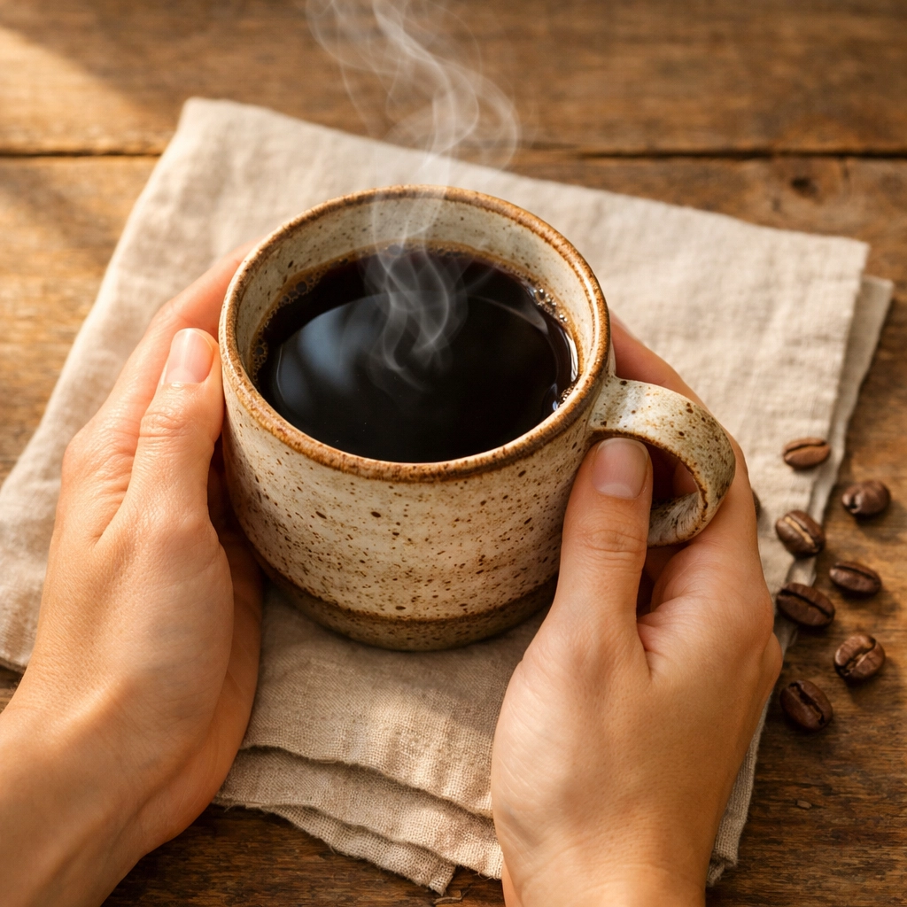 Hands holding a steaming mug of home brewed coffee on a rustic table, warm everyday coffee moment