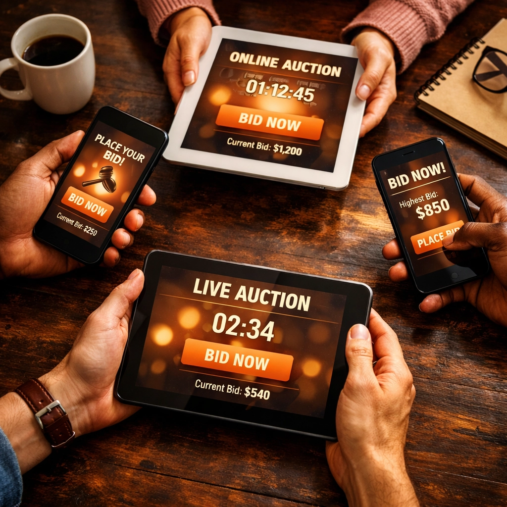 Multiple bidders participating in online estate auction on smartphones and tablets