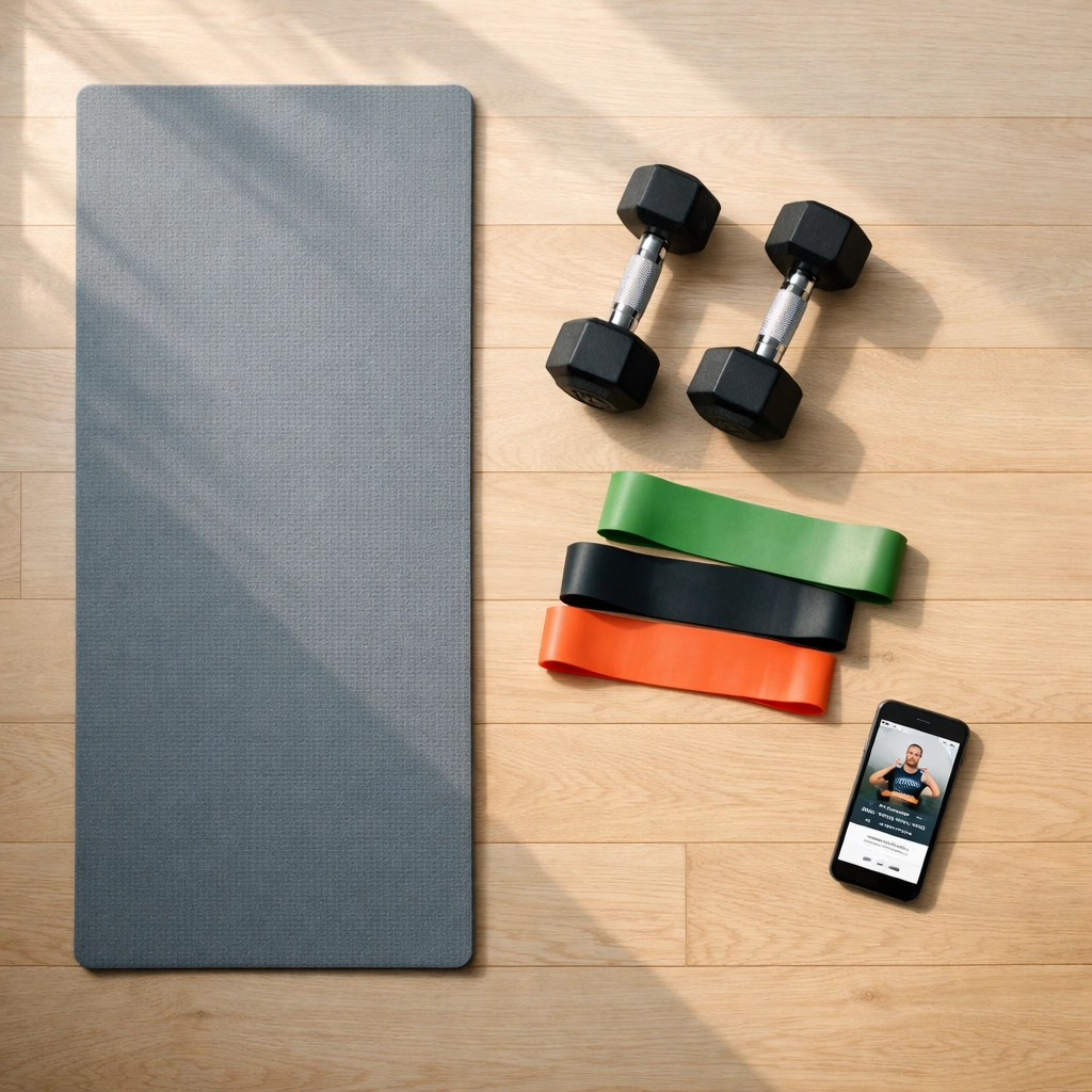 Limited home gym equipment laid out showing minimal workout tools for home fitness