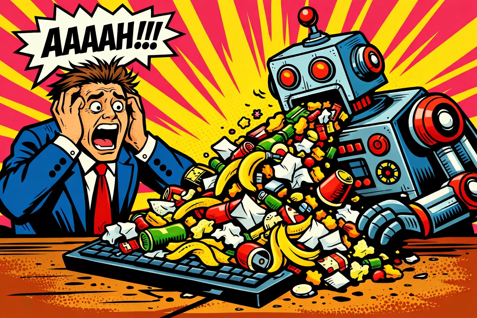 Business owner stressed by a robot dumping trash, representing bad data in AI business automation tools.