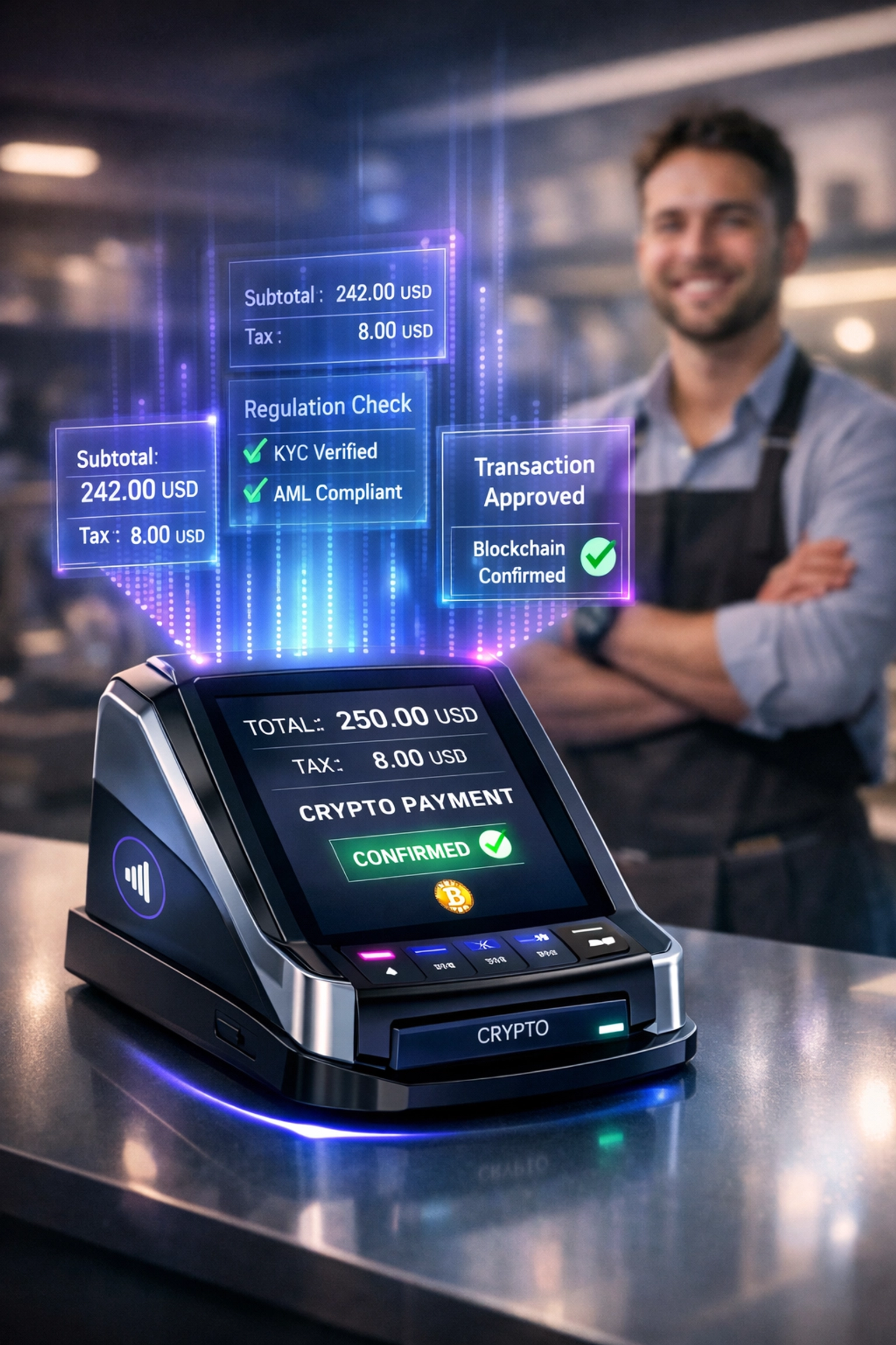 Crypto POS terminal displaying tax calculations and CLARITY Act compliance features for merchants