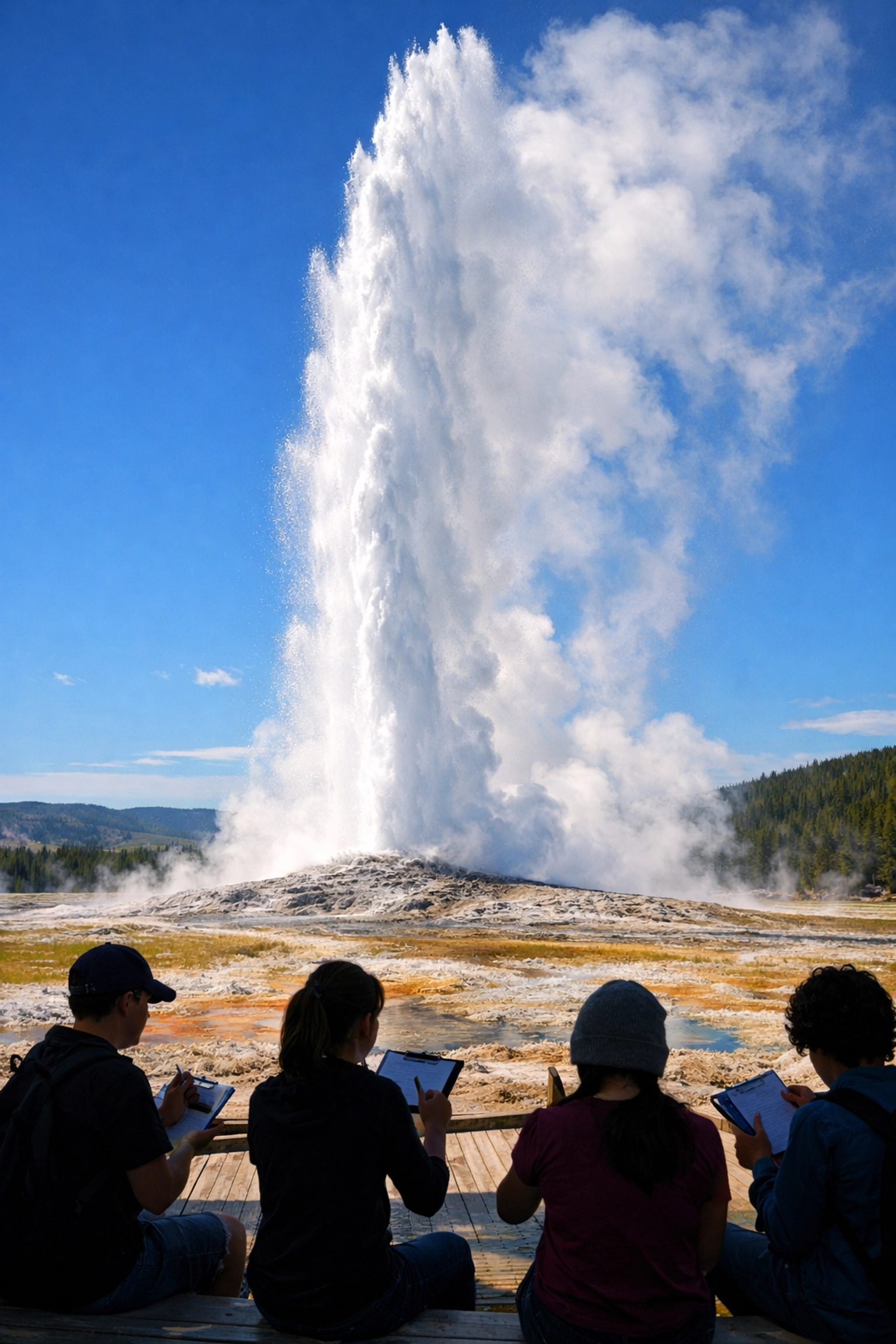 Students observing Old Faithful geyser eruption during educational trip to Yellowstone