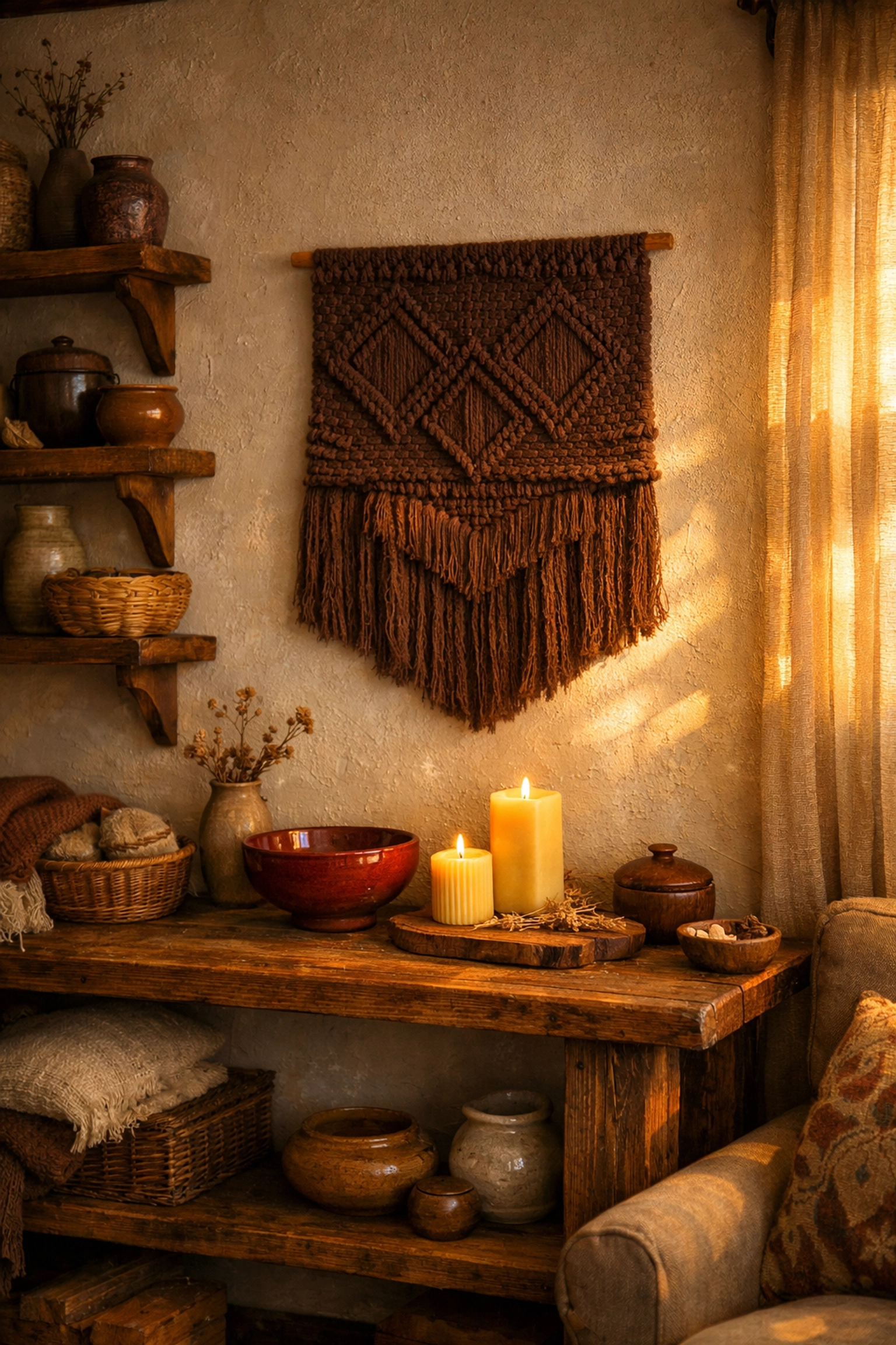 Cozy living room with handcrafted burgundy bowl, butter yellow candles, and chocolate wall hanging