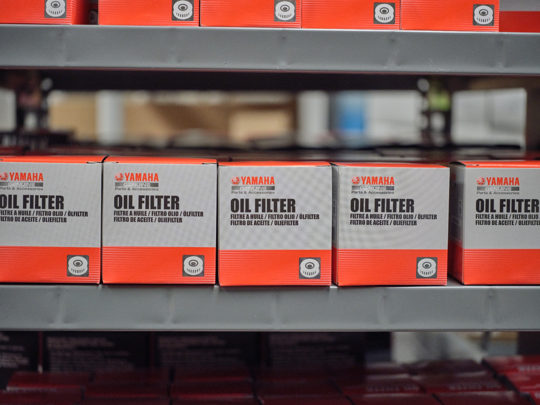 Shelves stocked with genuine Yamaha oil filters