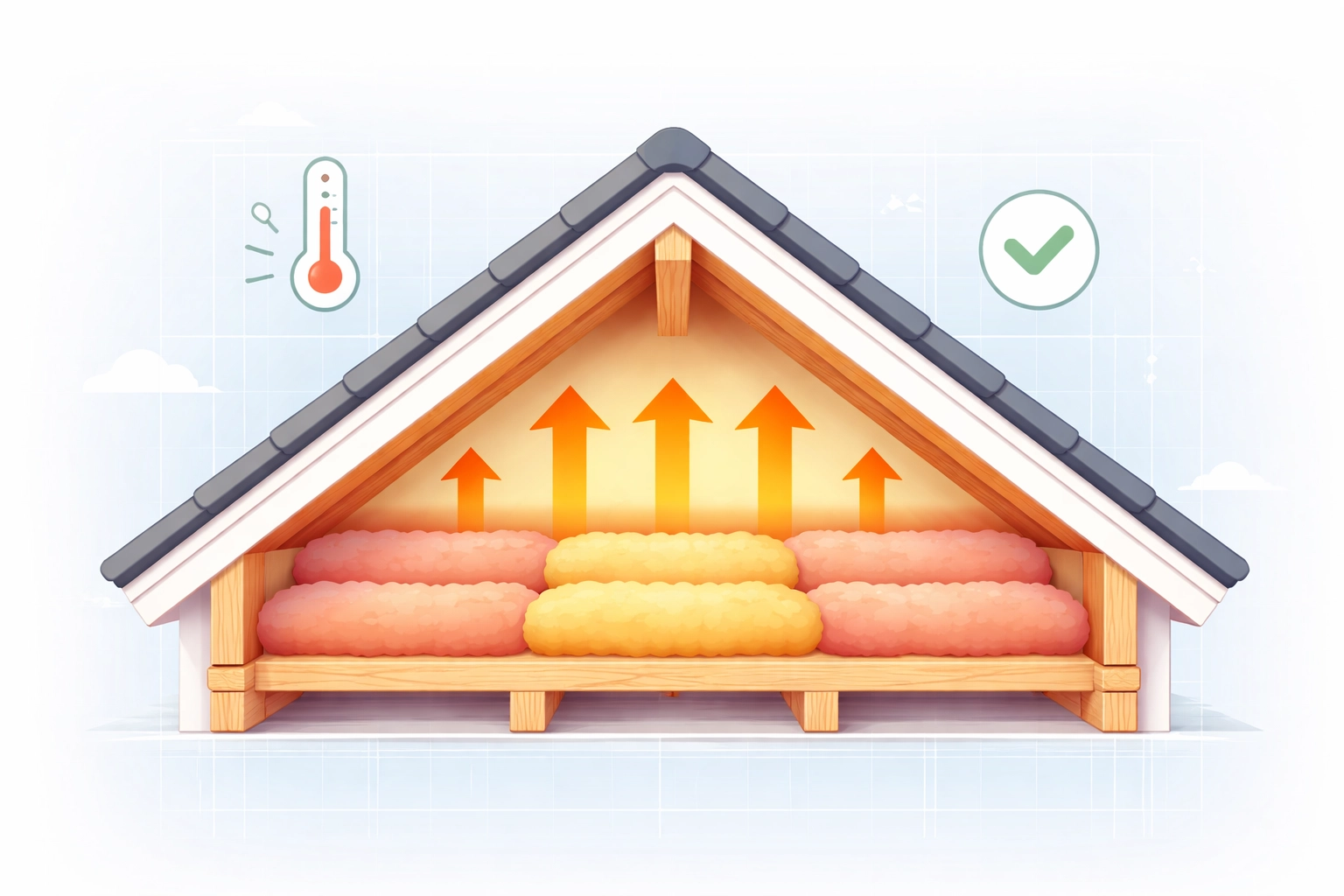 Cross-section illustration of loft insulation showing heat retention and depth standards for UK homes