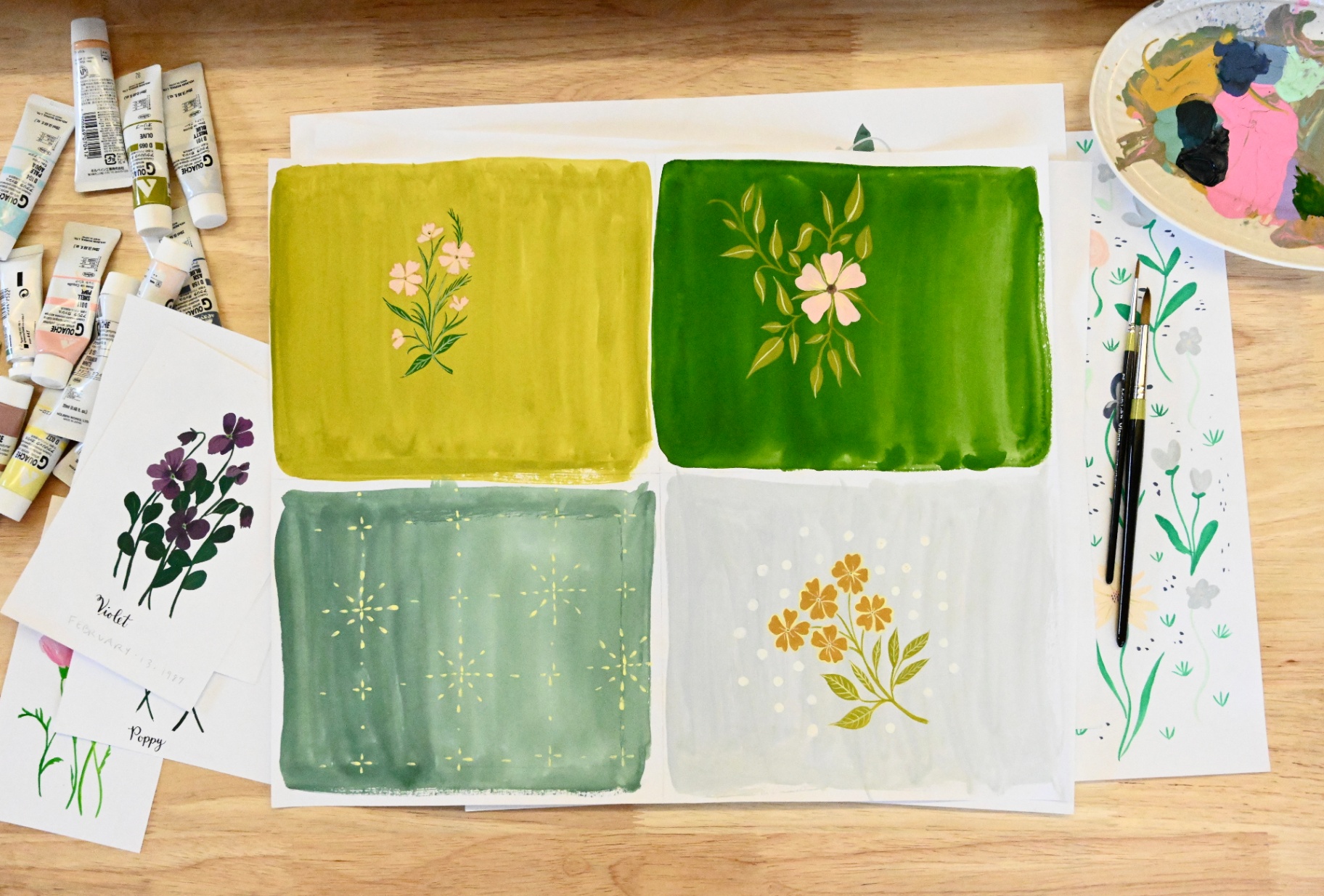 Hand-painted floral pattern samples
