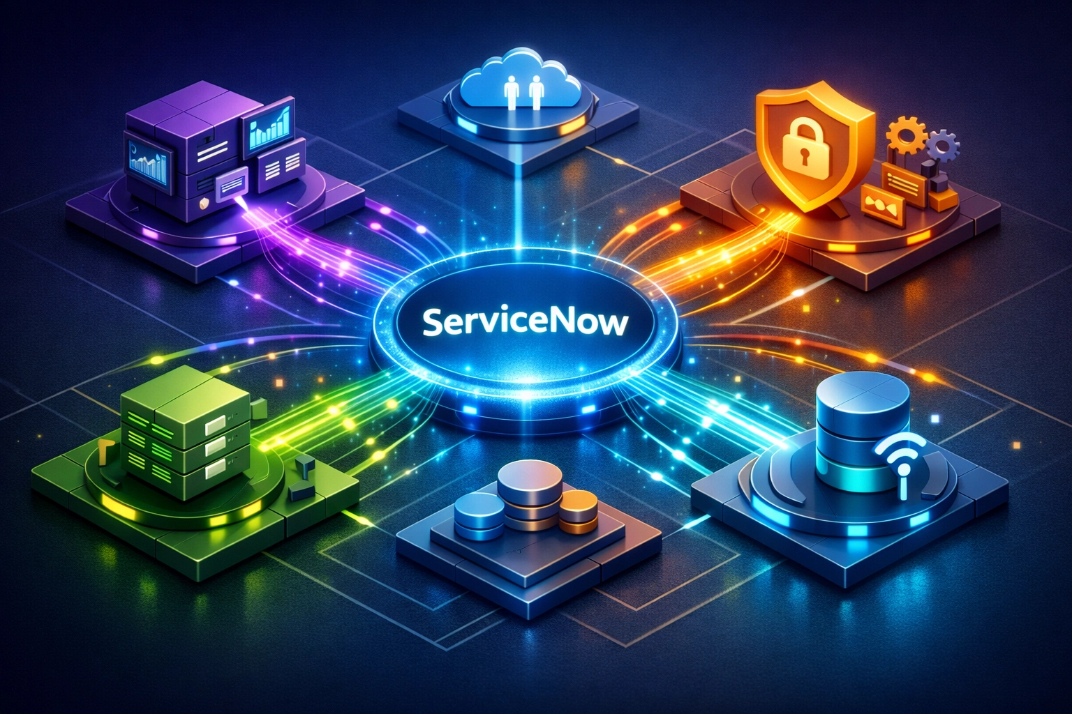 ServiceNow integration architecture connecting ITOM with monitoring tools and business systems