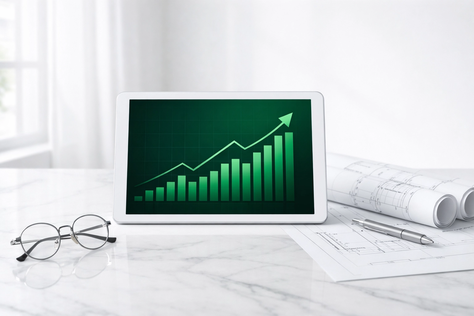 Financial growth chart on a tablet beside blueprints, illustrating 90% LTC bridge loan strategy.