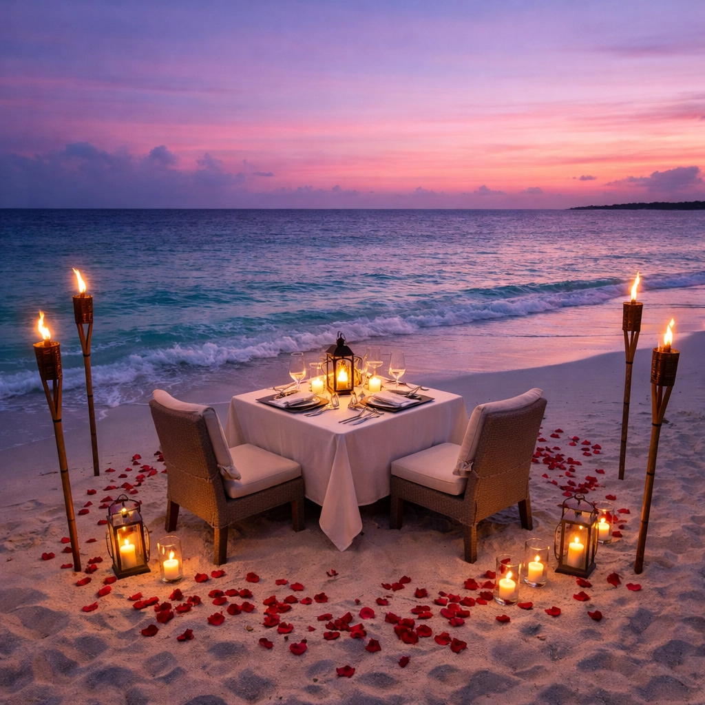 Romantic beachfront dinner setup at sunset for honeymoon celebration