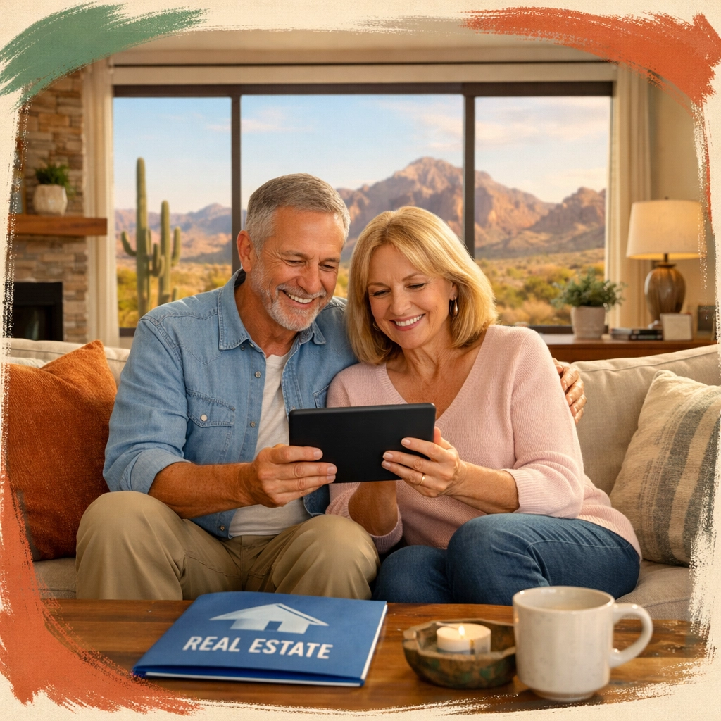 Mature couple reviewing downsizing options on tablet in Arizona home with mountain views