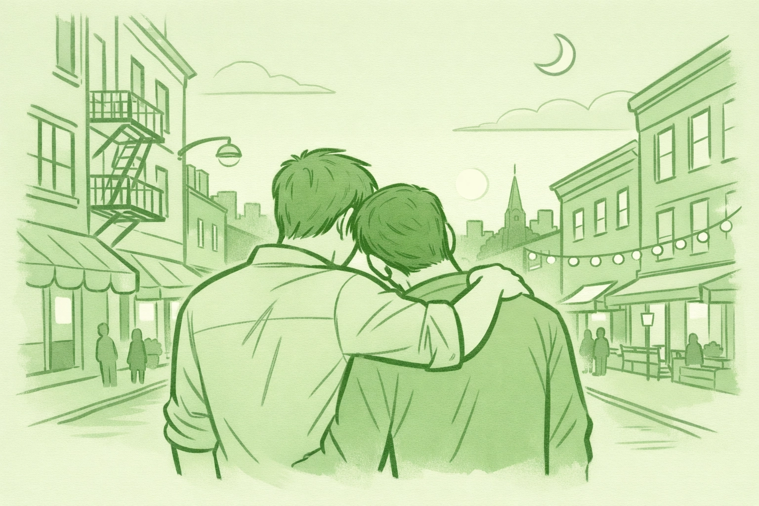 Supportive MM couple in Soho representing community resilience and solidarity, central themes in queer fiction.