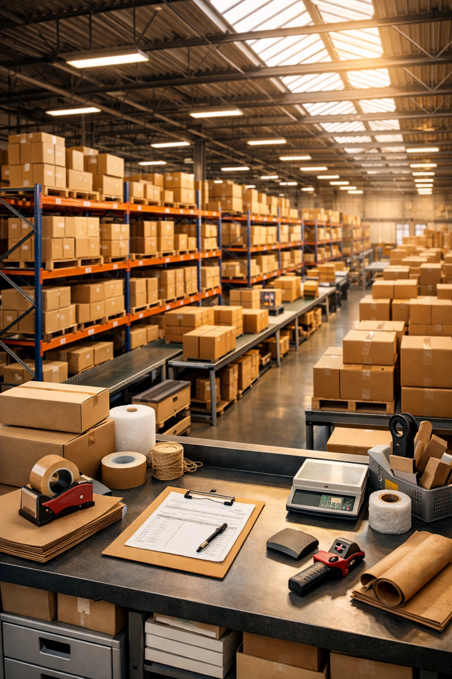 Modern ecommerce fulfillment center warehouse with organized inventory shelving and packing station