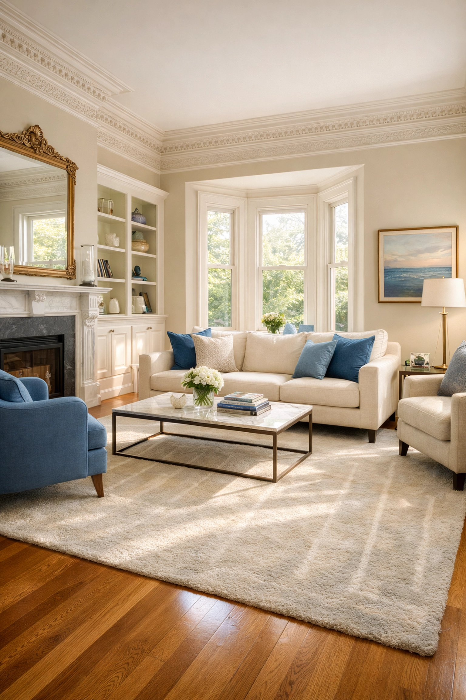 Serene West Cambridge Victorian living room featuring polished floors after house cleaning Cambridge MA.