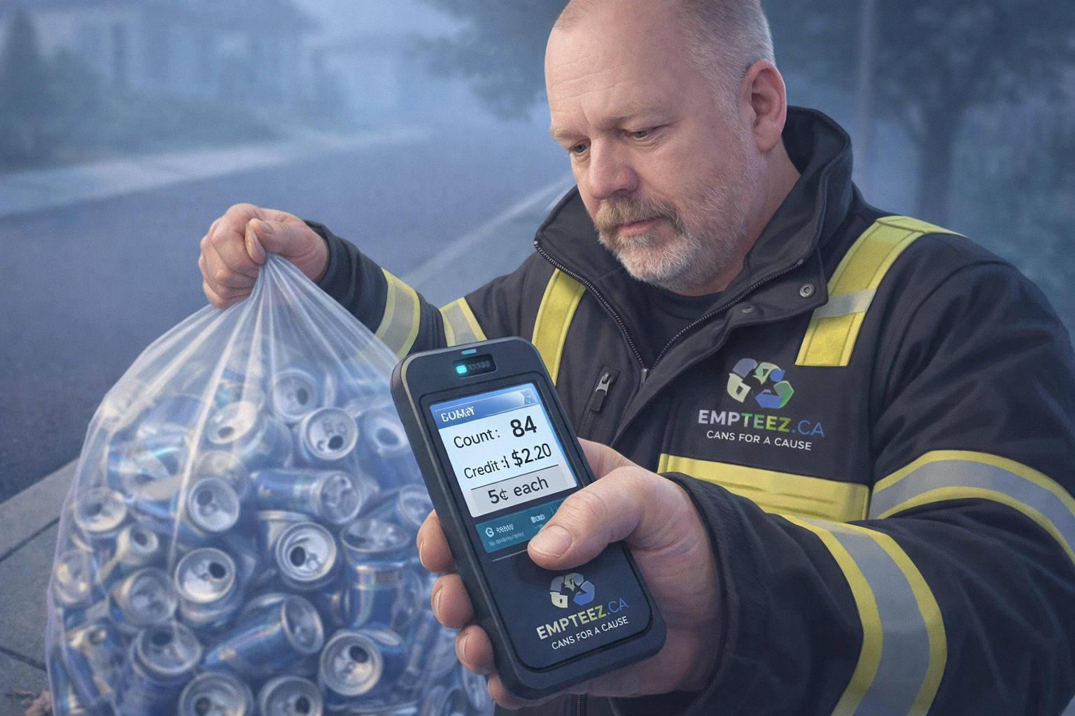 2D storyline illustration of Tim “Can Man” Kemsley counting aluminum cans on-the-spot from a clear bag and showing 5¢ per can credit on a handheld device