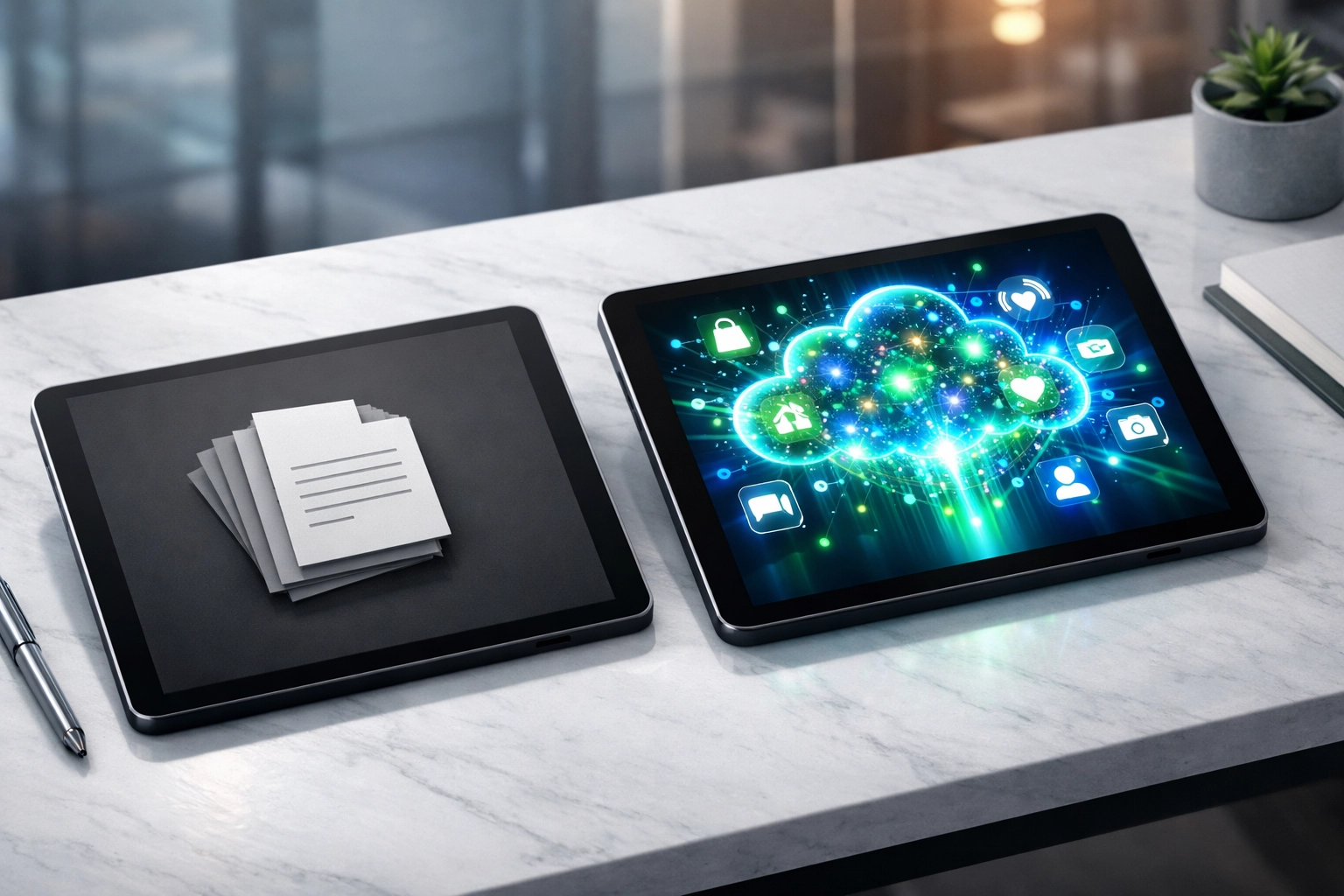 Comparison of generic marketing templates versus dynamic AI personalization data on digital tablets by Simon Leung.