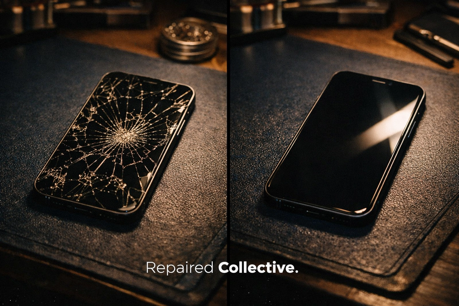Side-by-side comparison of a shattered iPhone screen and a professional screen replacement by Repaired Collective.