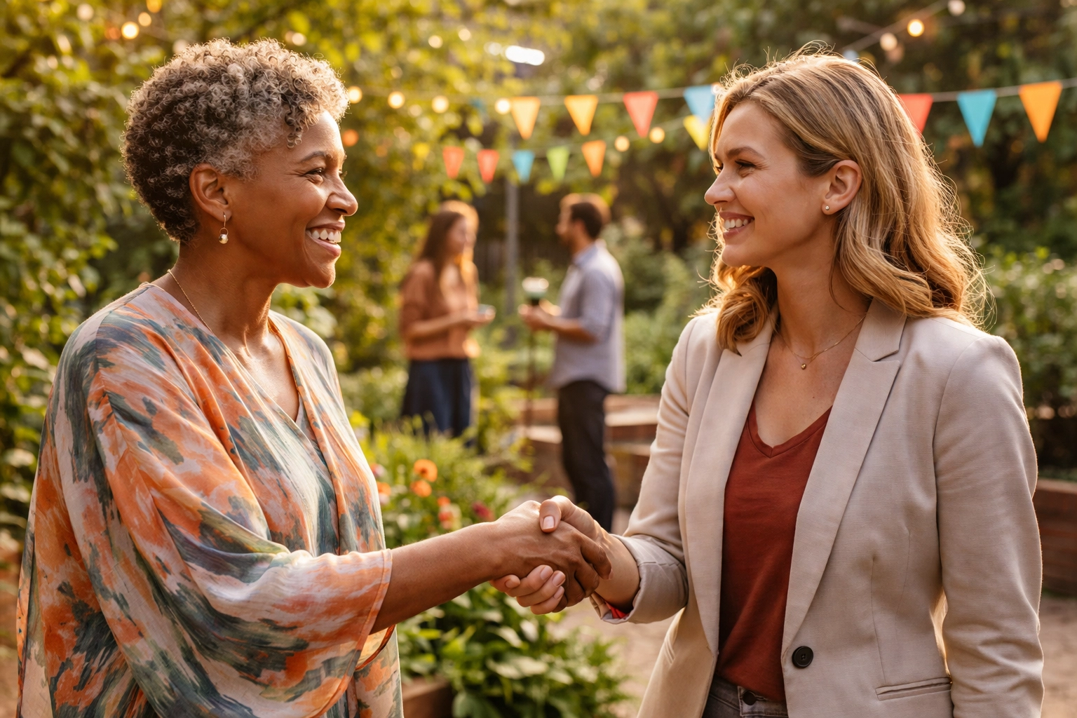 Community partners smiling and shaking hands at an outdoor STEAM festival, highlighting collaboration in Dallas.