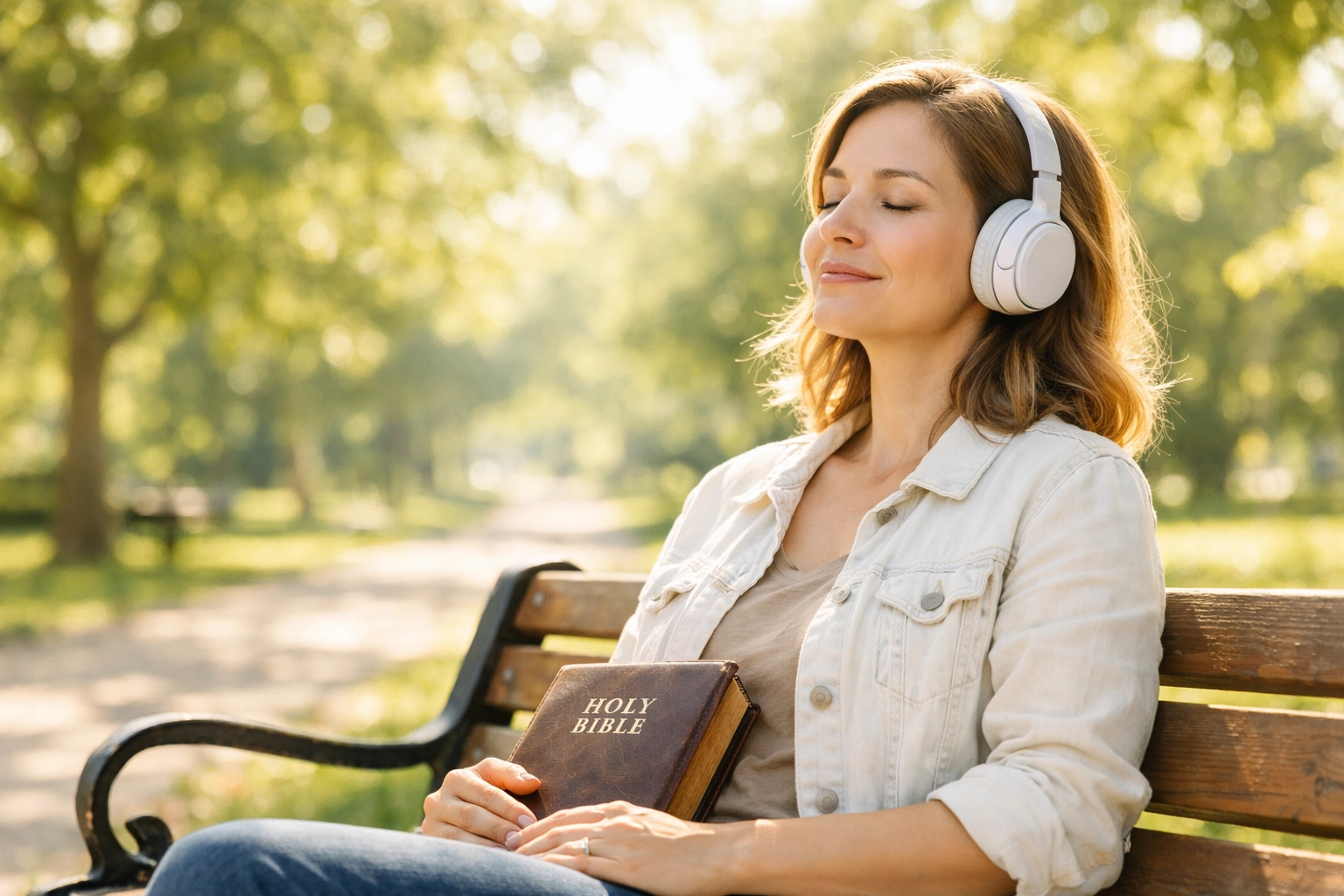 A woman with headphones and a Bible sitting in a sunlit park, growing in faith through Christian podcasts.