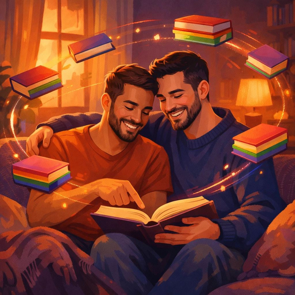 Two men enjoying MM romance books together in a cozy reading space with rainbow book collection