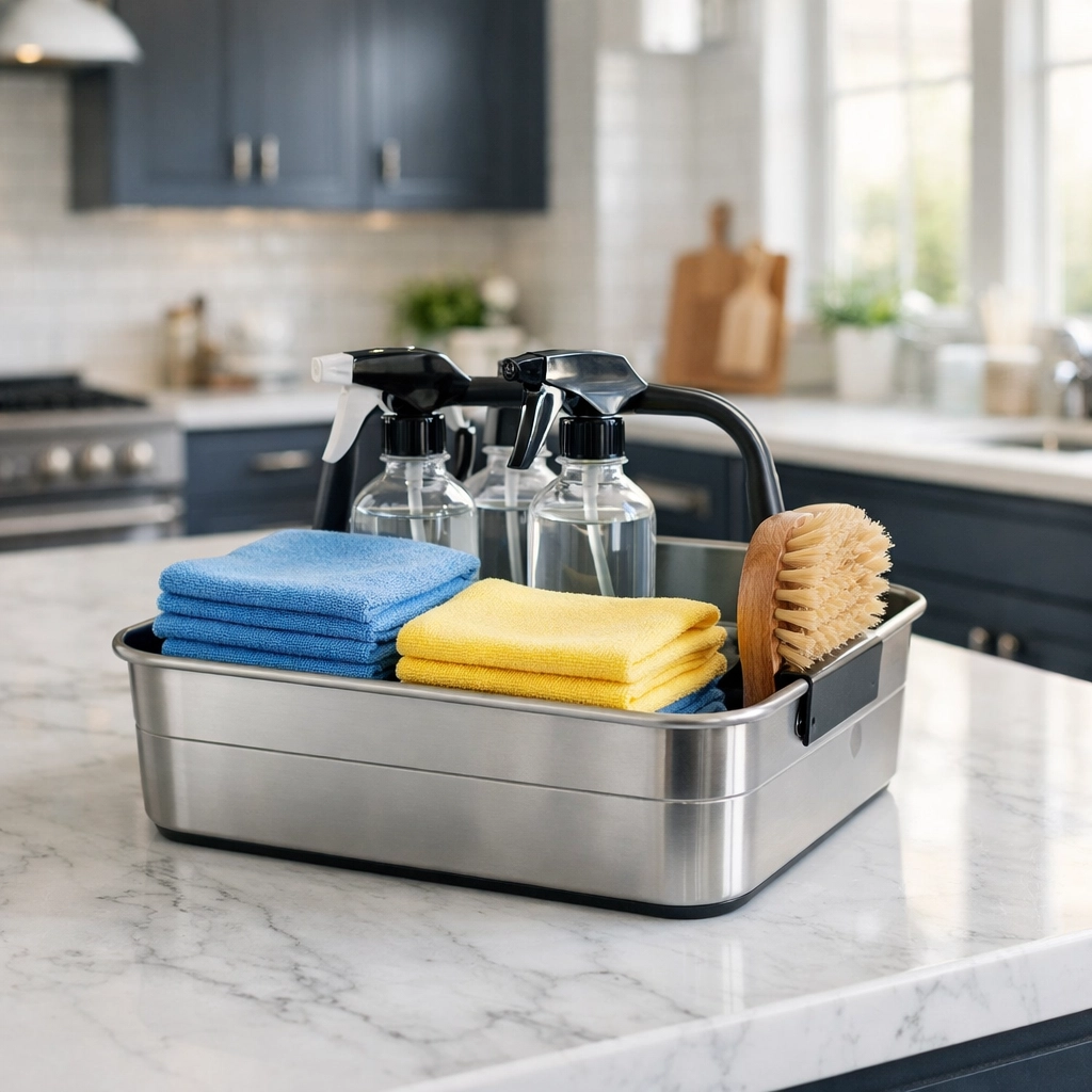 Professional cleaning caddy with microfiber cloths on a marble counter for Massachusetts deep cleaning services.