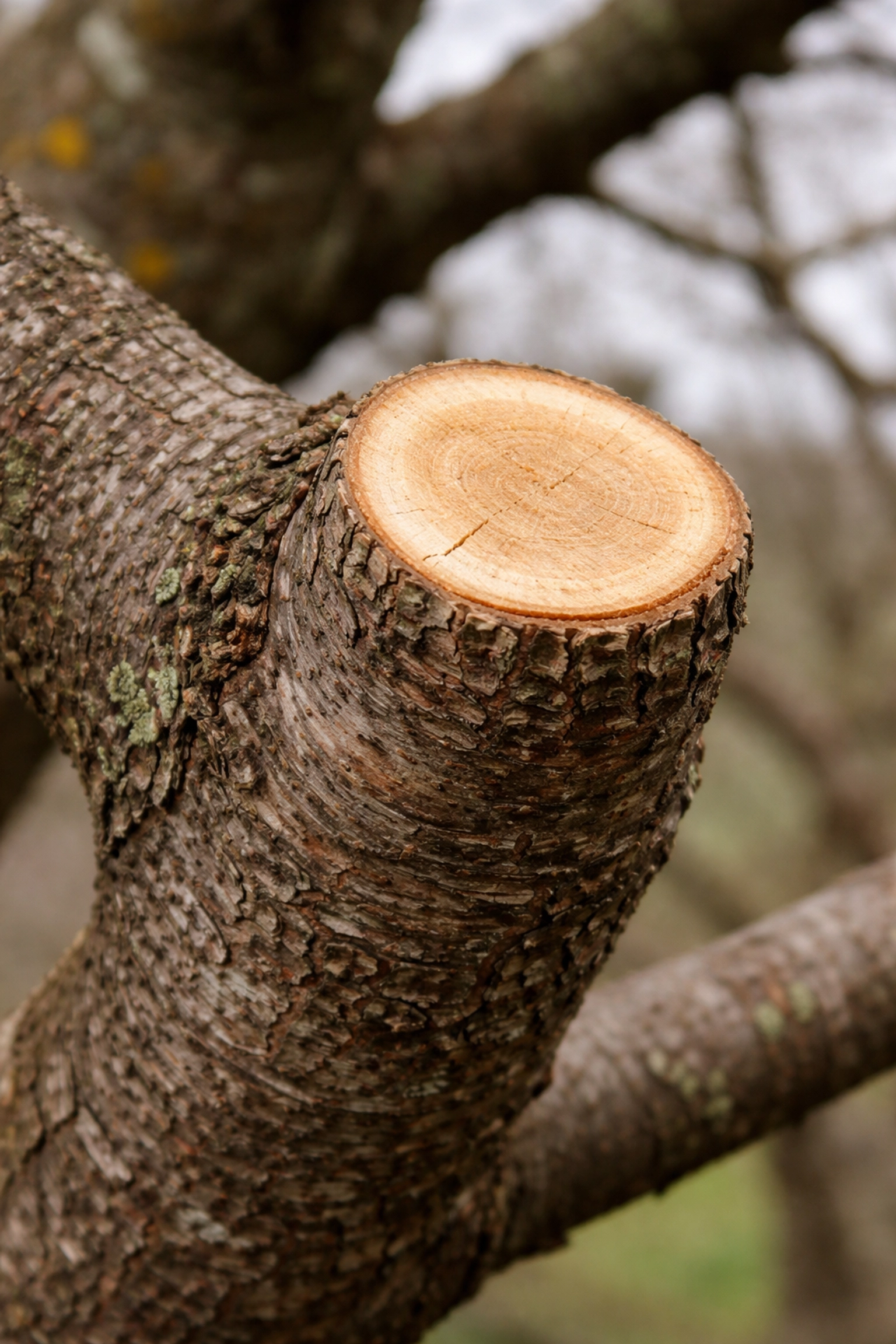 Close-up of a properly pruned tree branch showing correct branch collar cut for healthy tree surgery