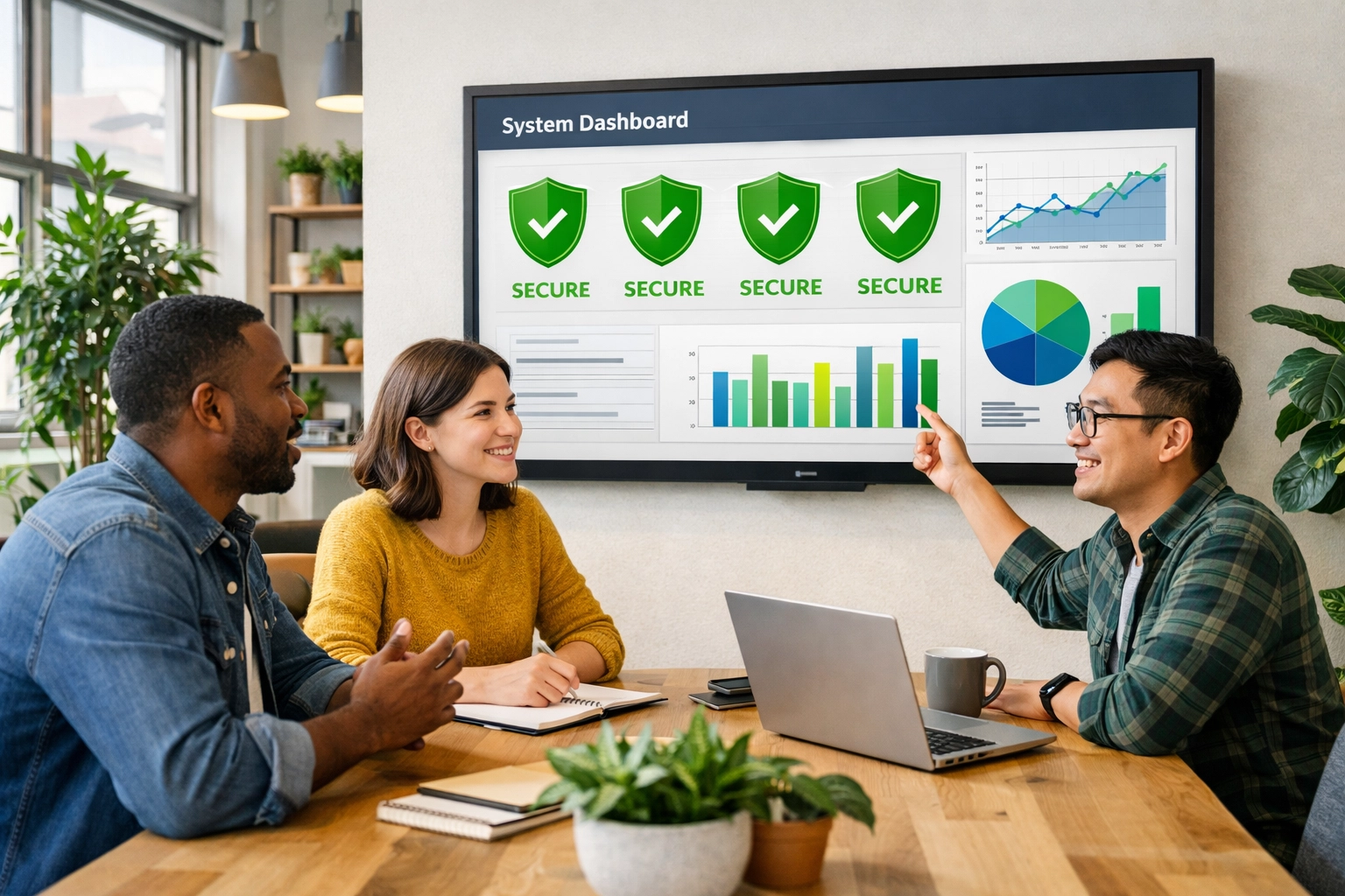 Small business team monitoring a cybersecurity dashboard showing a secure system status and threat detection.
