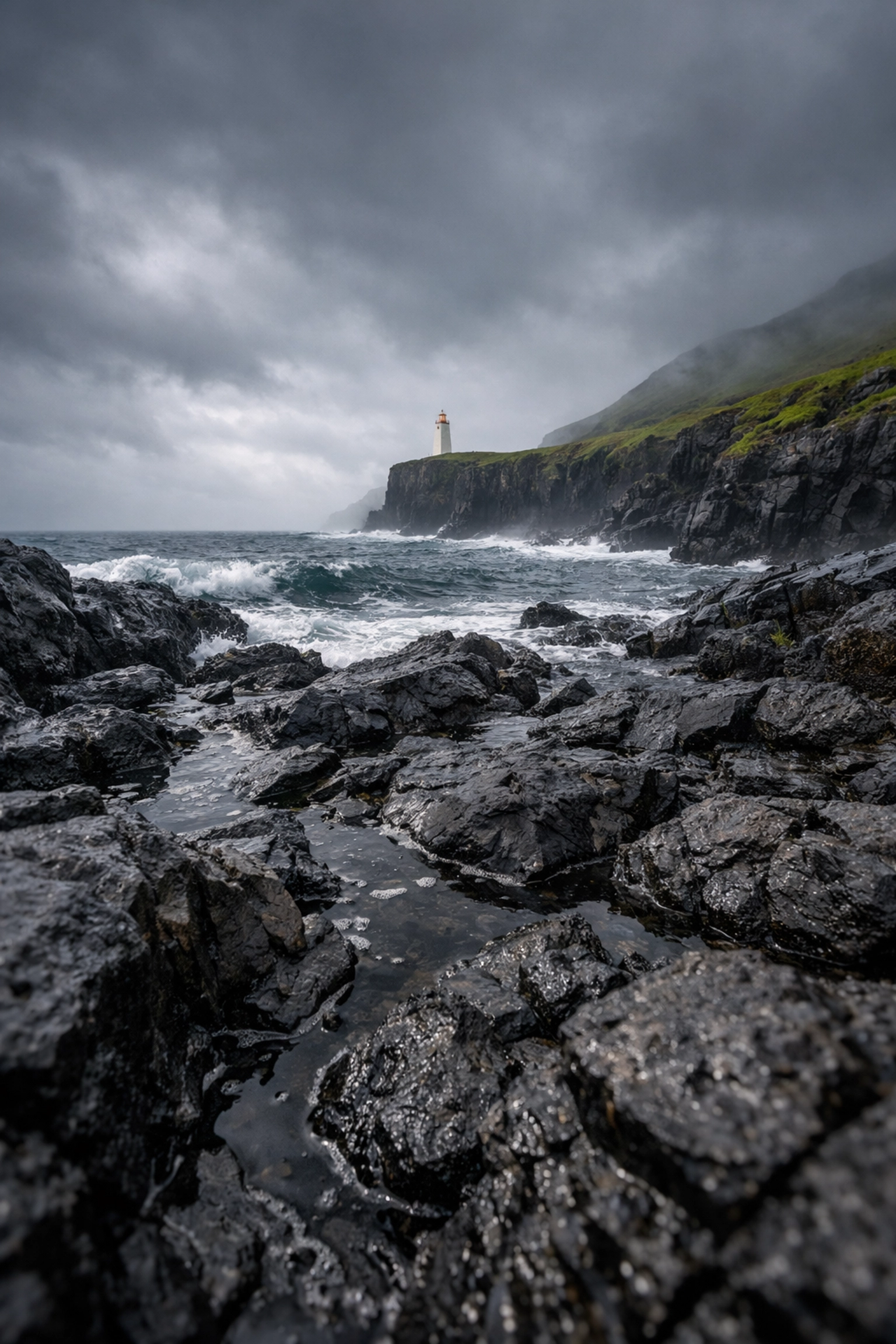 Sharp landscape photography of a rocky coast and lighthouse showing professional foreground interest.