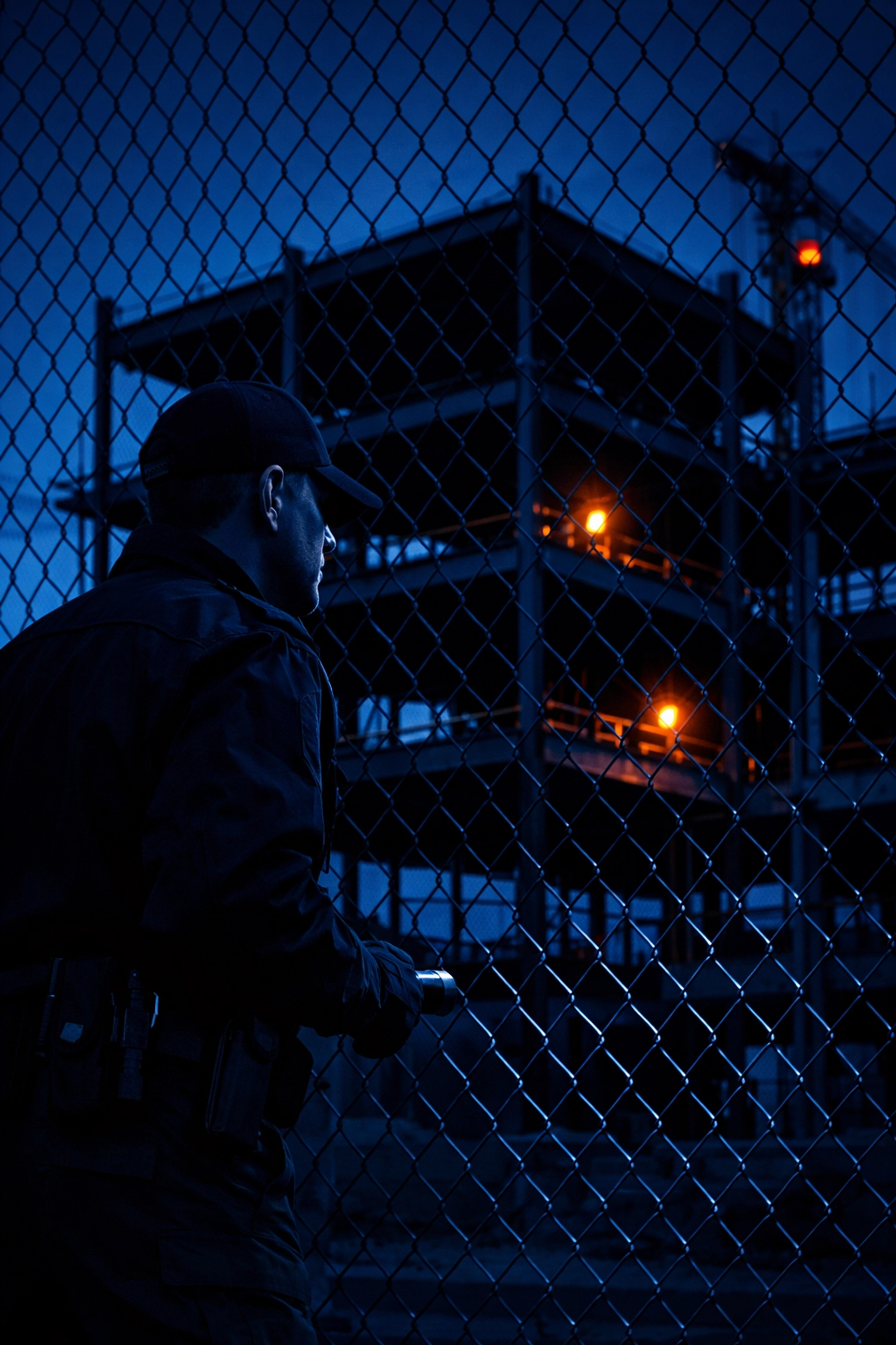 Professional security guard patrolling a construction site perimeter at night to ensure property safety.
