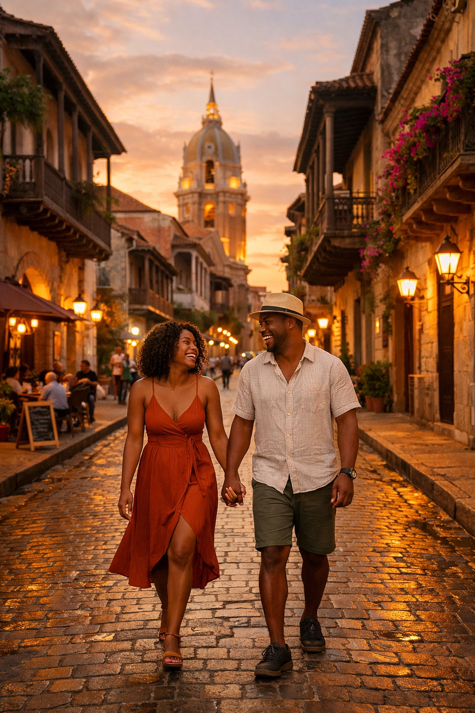 Couple walks through a European city on a romantic adventure booked via a travel planning service.