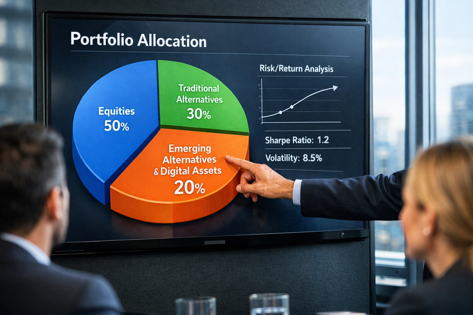 Fund manager presenting modern portfolio allocation strategy with digital assets