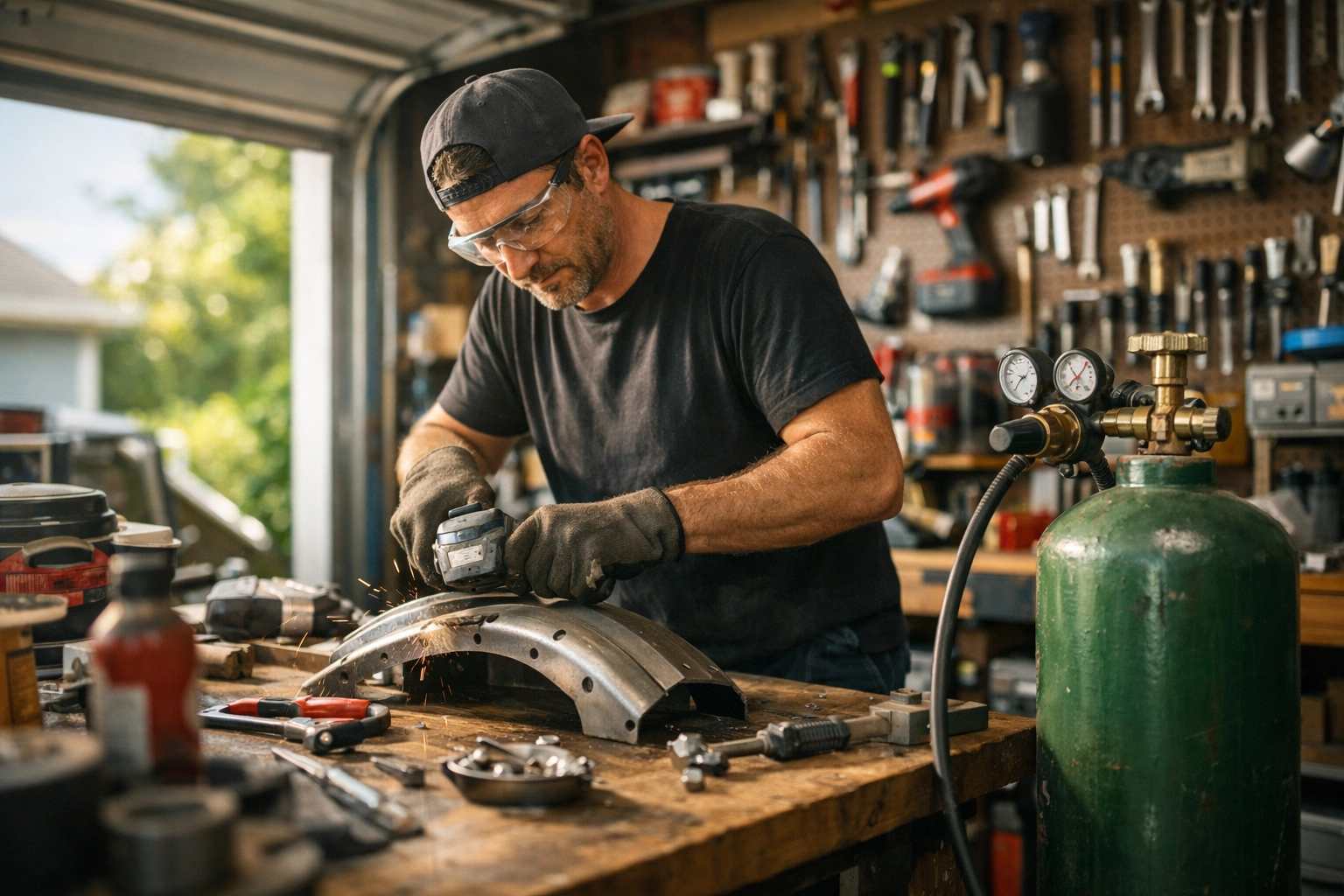 DIY enthusiast using a rent-free gas bottle for a metalworking project in a home garage.