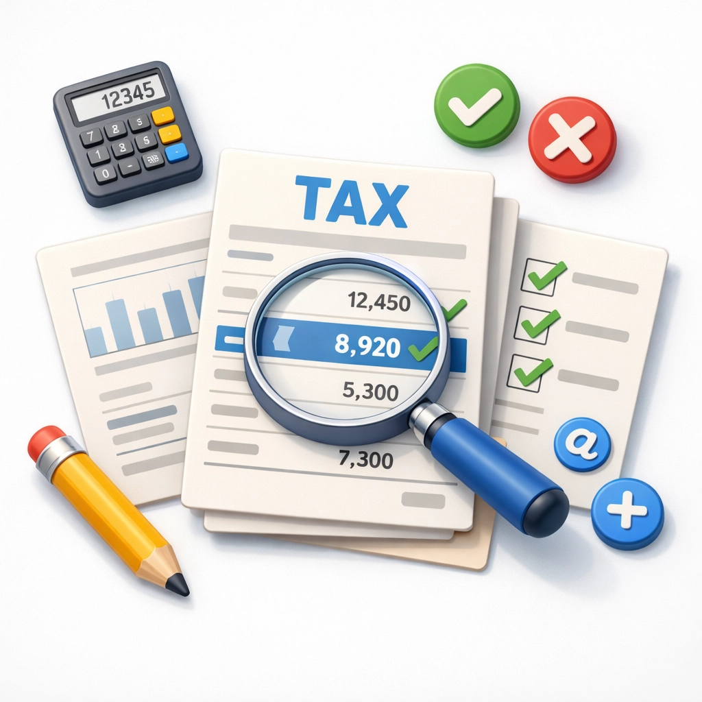 Reviewing 1099 tax documents with magnifying glass and calculator for accuracy