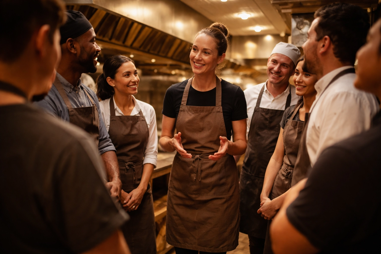 Restaurant leader meets with kitchen staff before service, showing team connection and valued communication in hospitality.