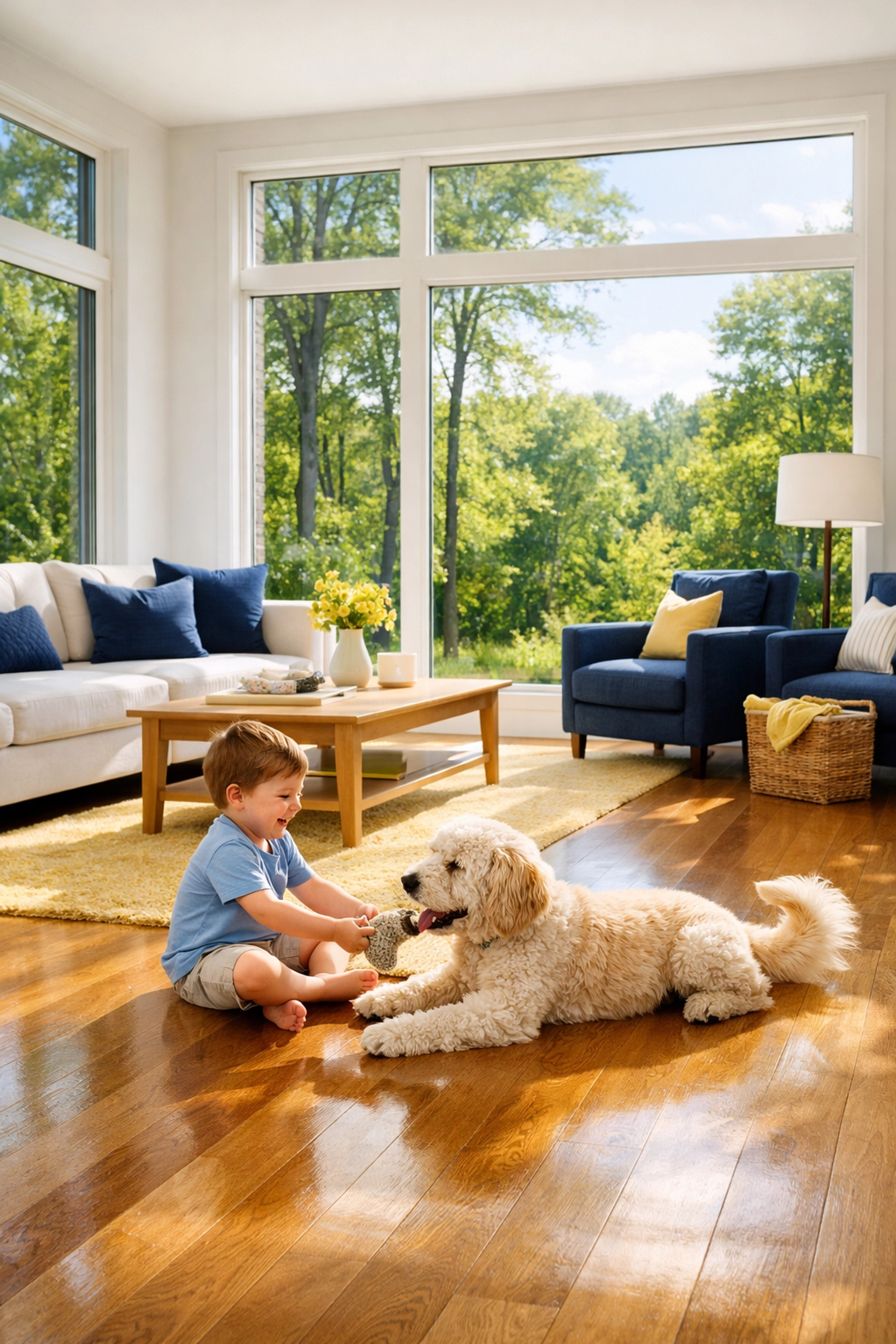 Clean living room in Woburn with child and dog, showing safe results of an eco-friendly house cleaning service.