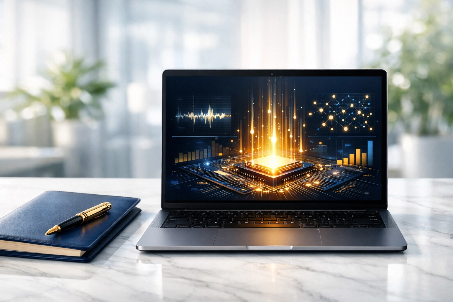 Modern laptop displaying automated bookkeeping data and financial visualizations in a bright office.
