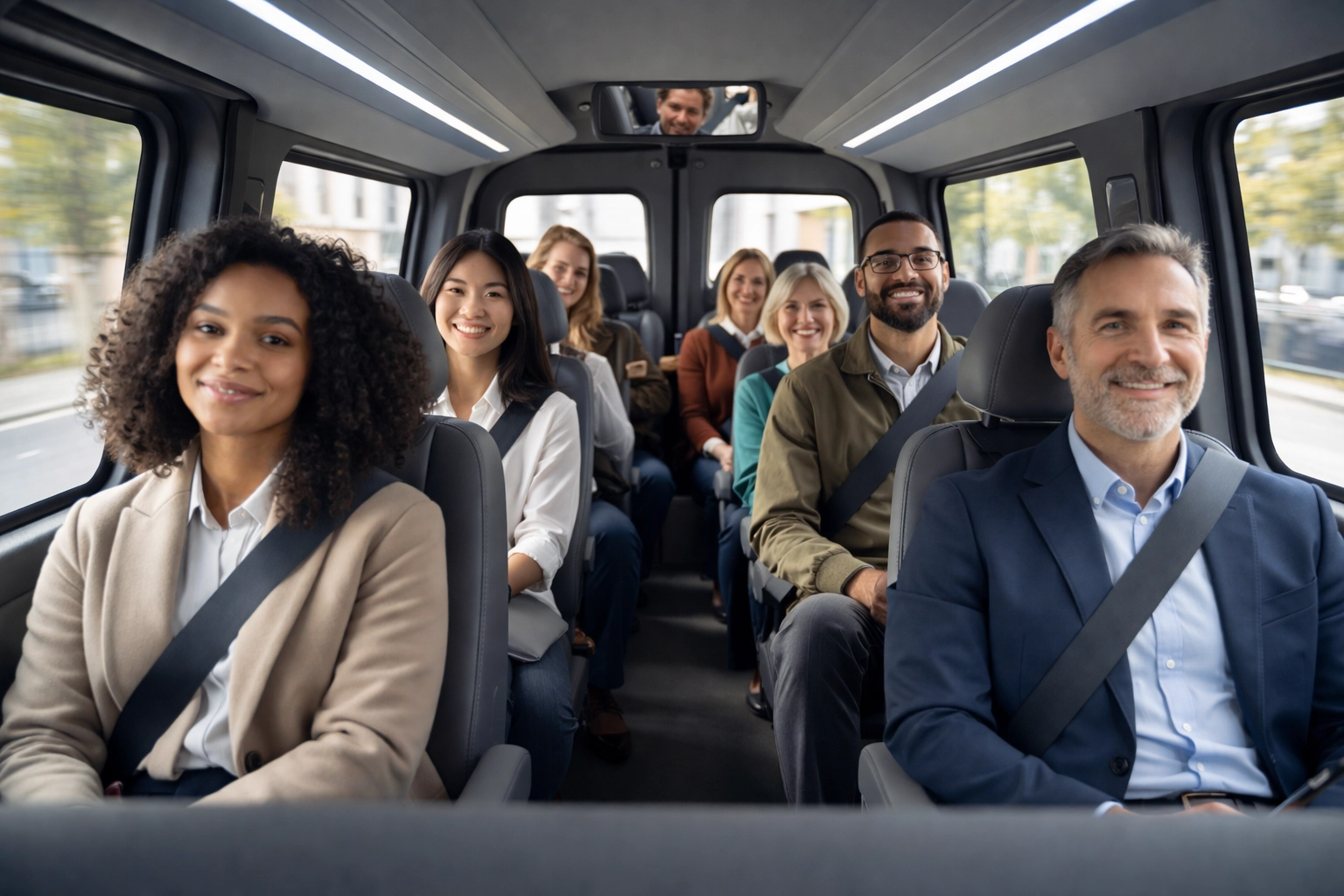 Passengers seated safely with seatbelts in a commercial fleet vehicle reflecting passenger safety focus