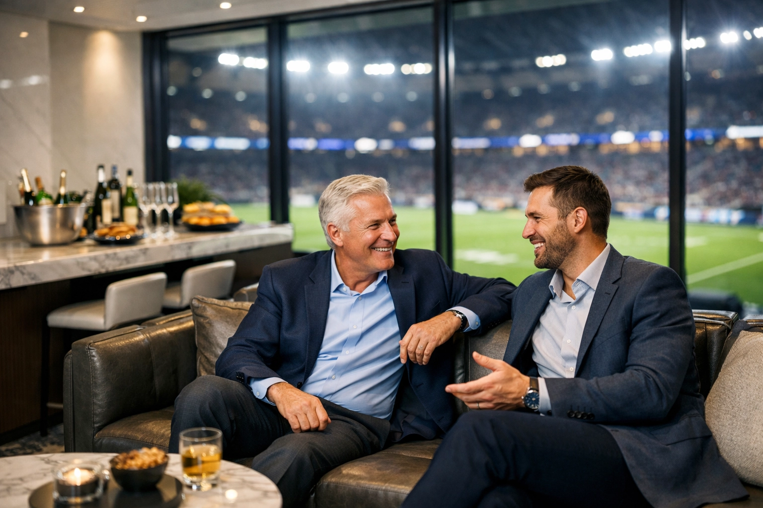 Executives networking in a luxury Super Bowl suite to build brand authority and close high-stakes business deals.