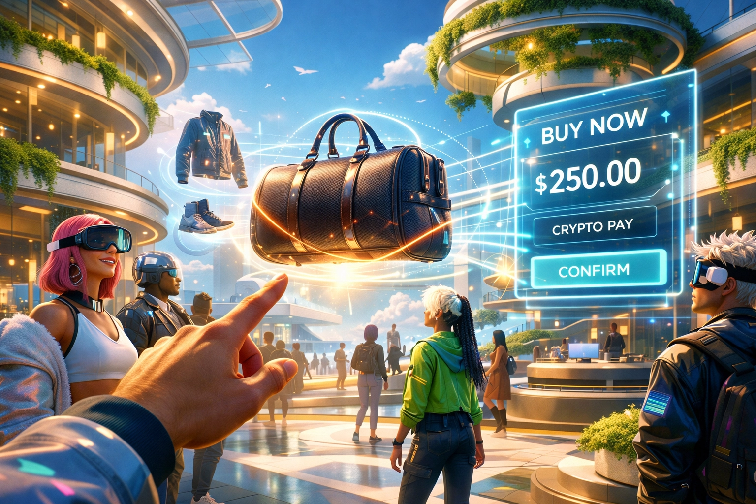 Interactive metaverse shopping plaza where avatars use a digital payment portal for Web3 crypto transactions.