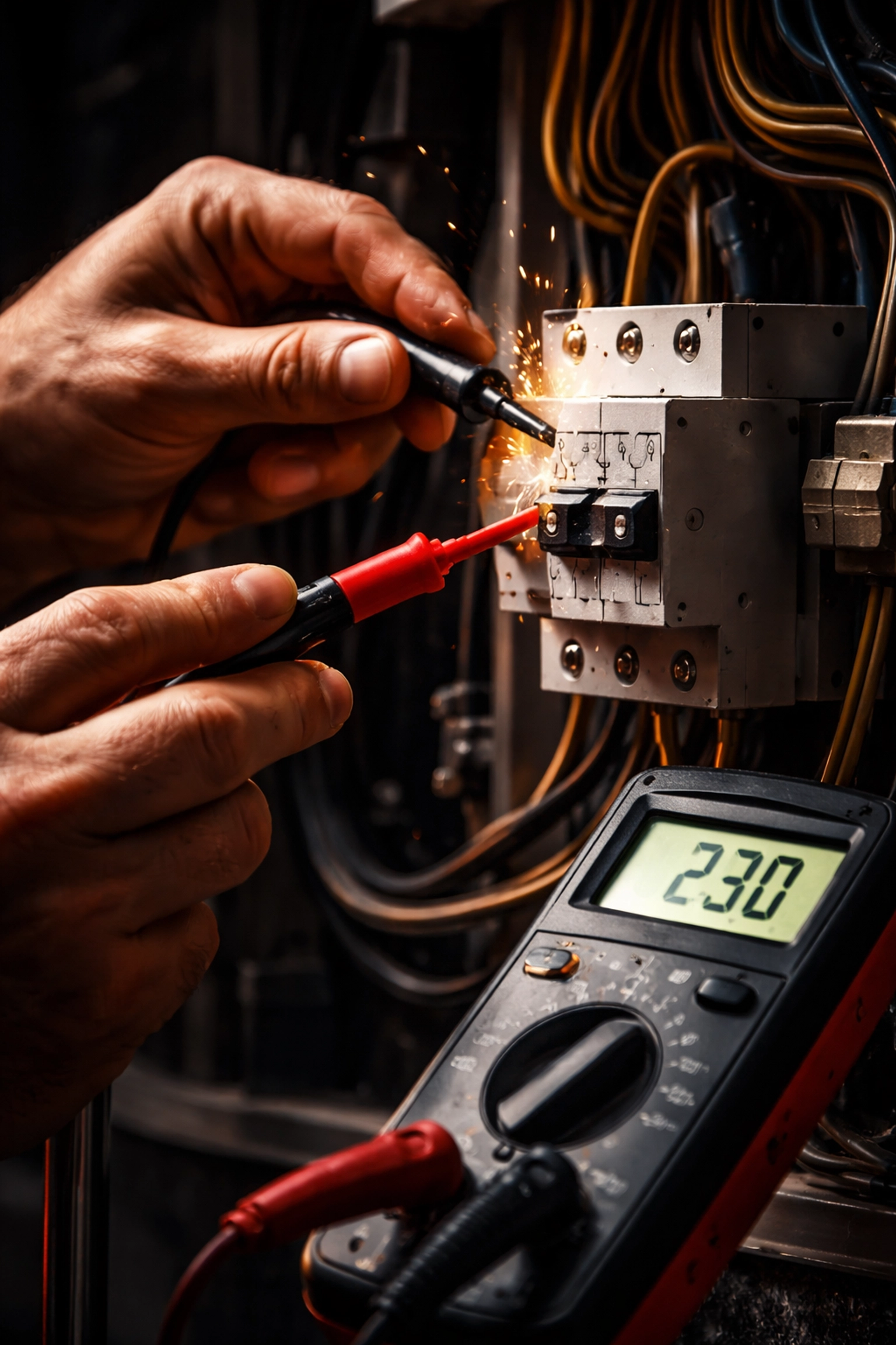 Electrician testing a safety switch with a multimeter, illustrating electrical safety compliance in Brisbane homes.
