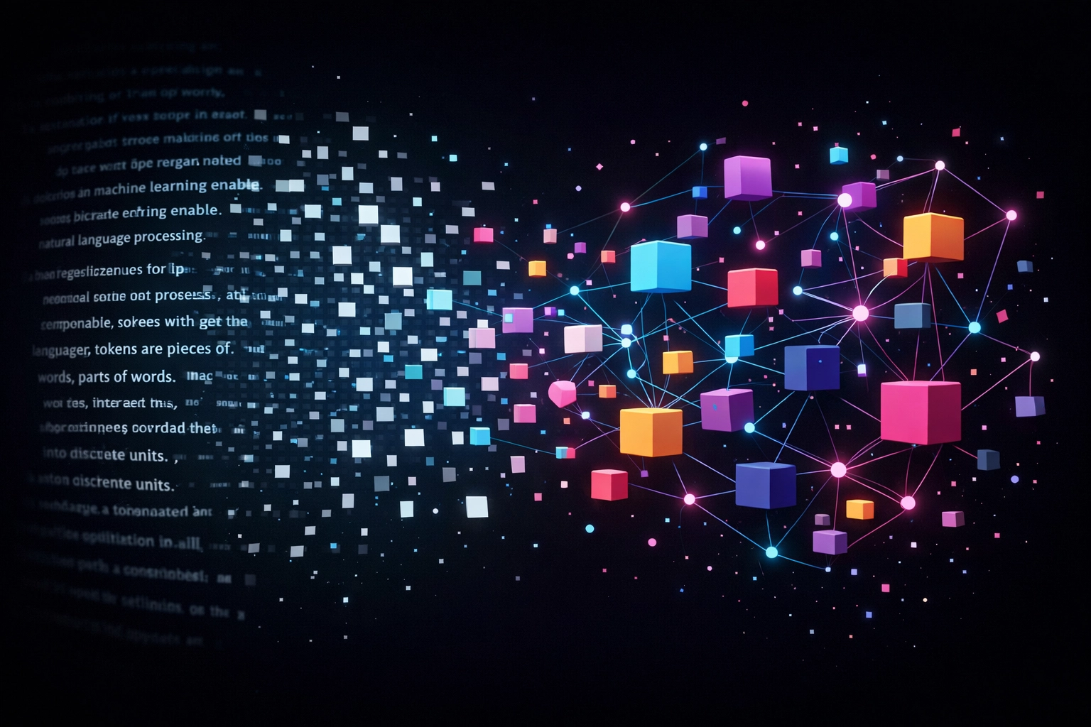 Tokenization process visualized: text fragmenting into geometric tokens connected by glowing lines