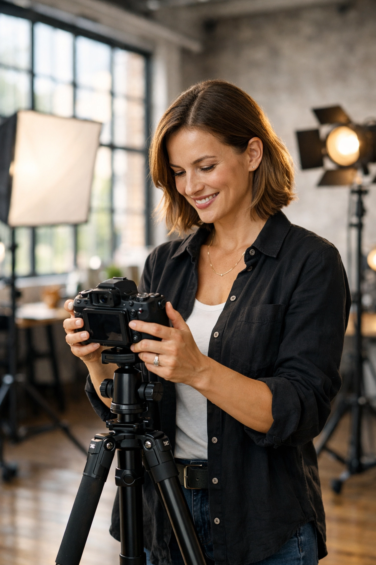 Professional photographer in a bright studio using mirrorless camera and lighting for professional work.