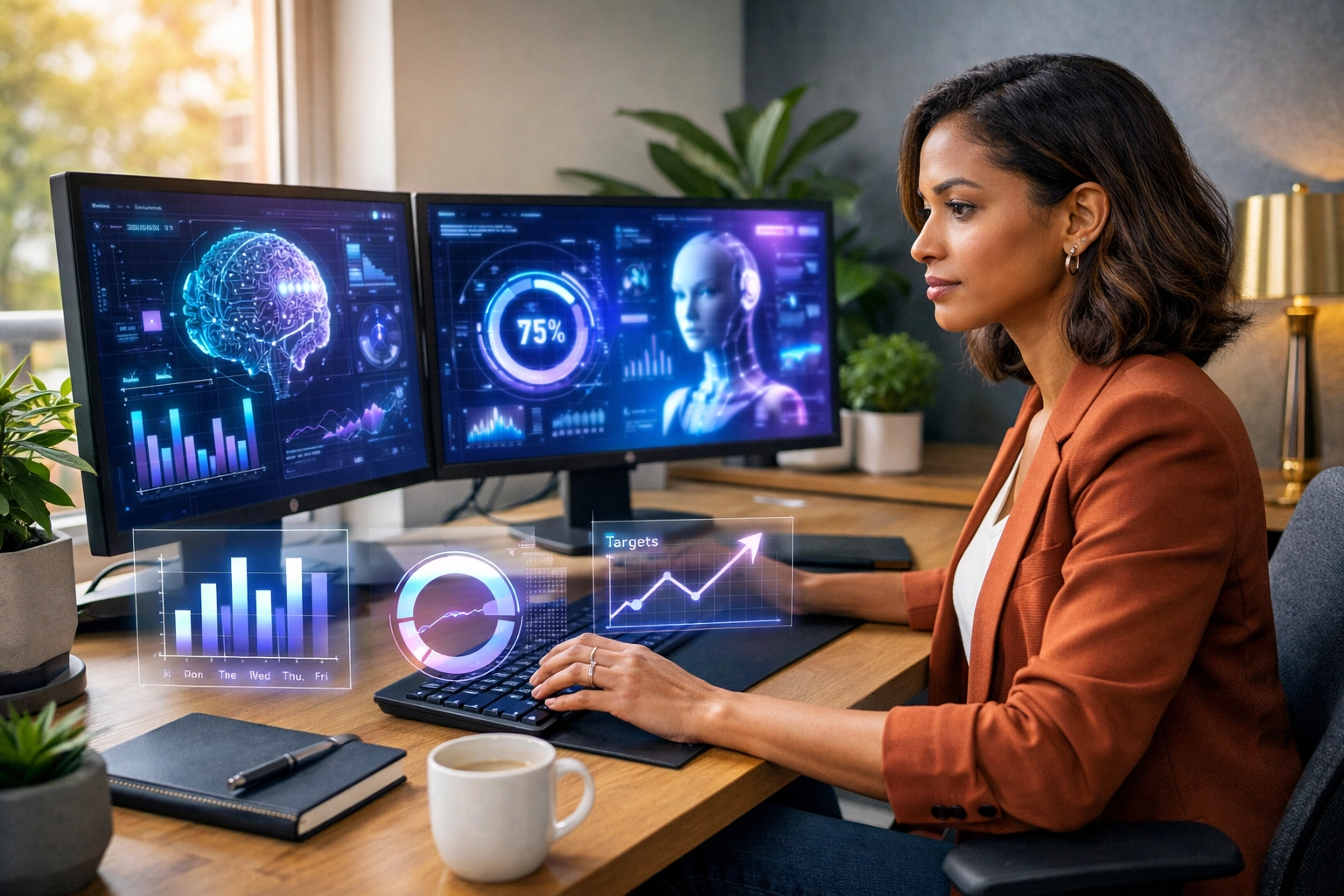 Professional using AI-powered productivity tools at home office with dual monitors and data analytics