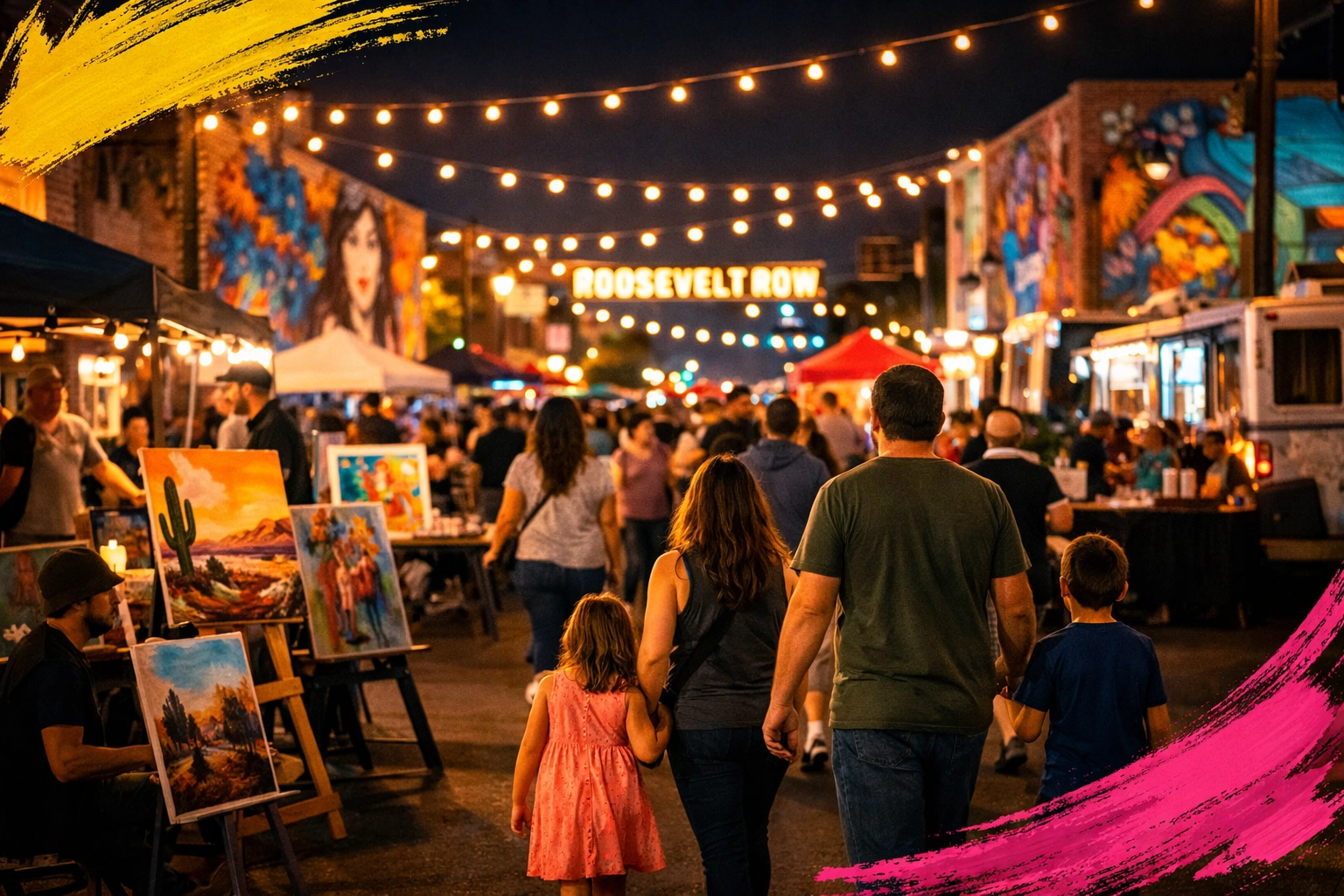 First Friday art walk with murals and vendors in Roosevelt Row downtown Phoenix