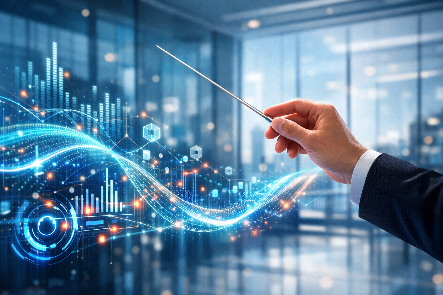 Mensch dirigiert als strategischer Leiter digitale Datenströme in der Arbeitswelt 2030.