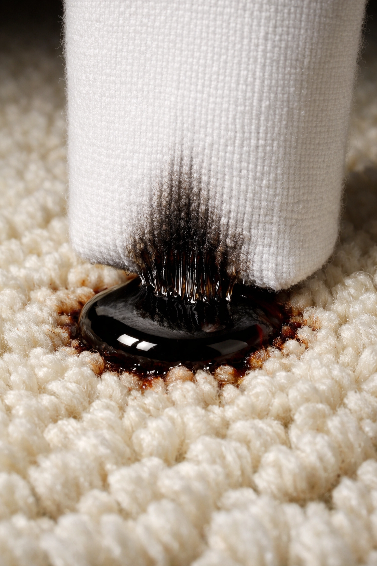 Blotting a liquid stain on a wool rug with a white cloth to show professional textile cleaning methods.