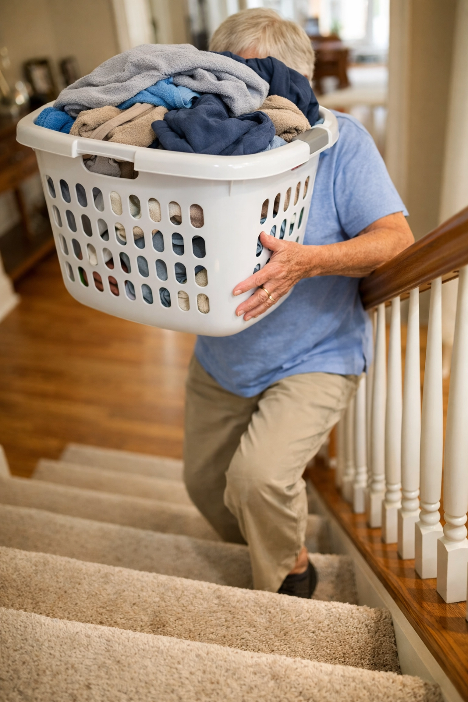 A person carrying a large laundry basket that blocks their view of the steps while using stairs.