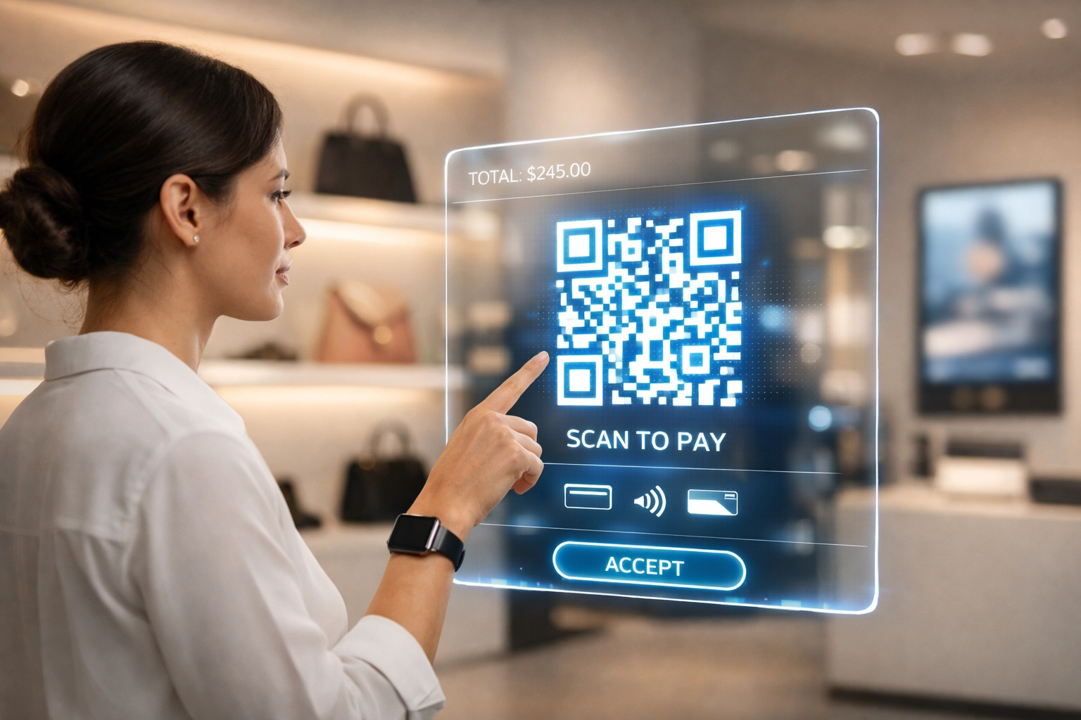 Futuristic merchant interface showing QR-generated crypto POS for seamless metaverse store transactions