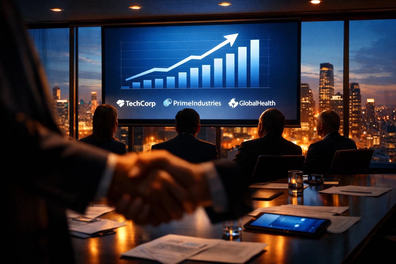 Private equity deal closing with institutional investors reviewing growth charts and company data