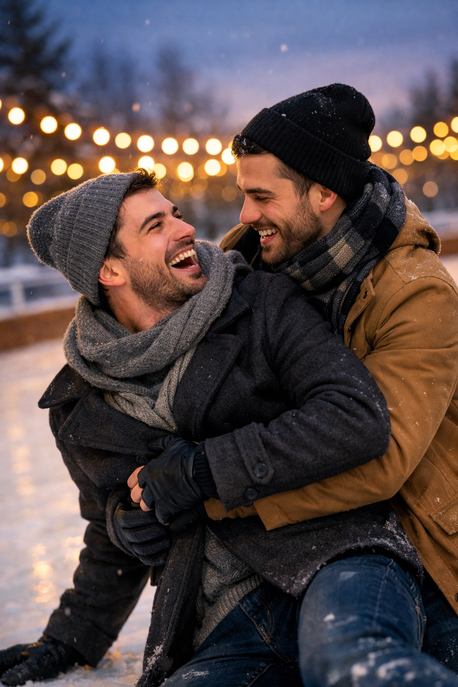 A gay couple sharing a playful MM romance moment on an outdoor ice skating rink at twilight.
