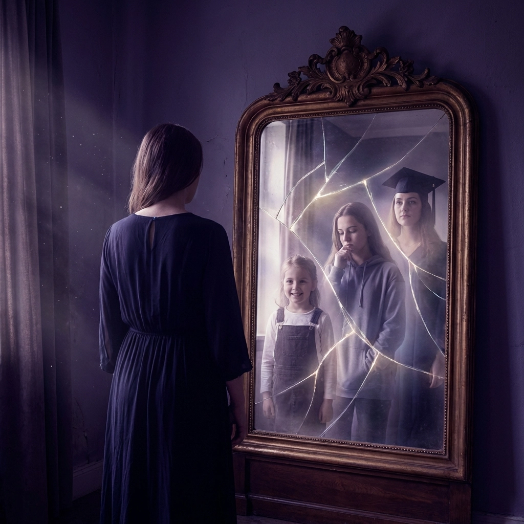 Woman faces vintage mirror reflecting her at multiple ages, representing stored memories and subconscious healing through self-reflection.